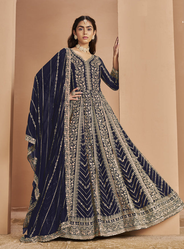 navy blue faux georgette heavy embroidered anarkali suit