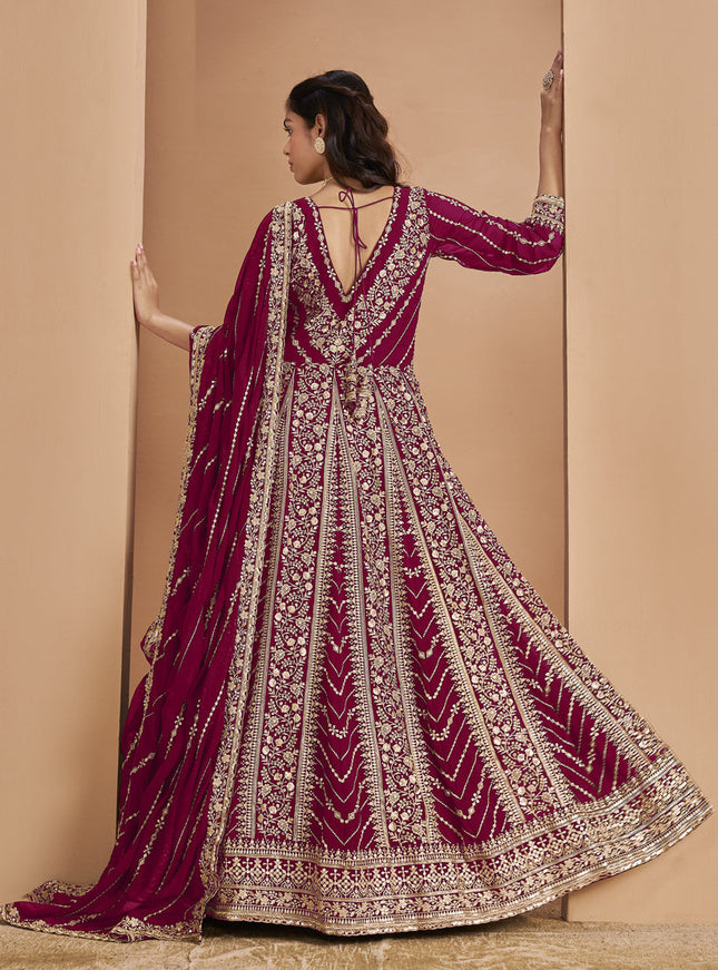 raspberry faux georgette heavy embroidered anarkali suit