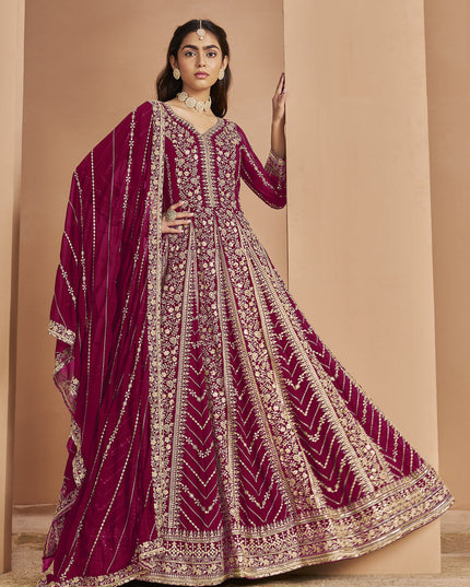 raspberry faux georgette heavy embroidered anarkali suit