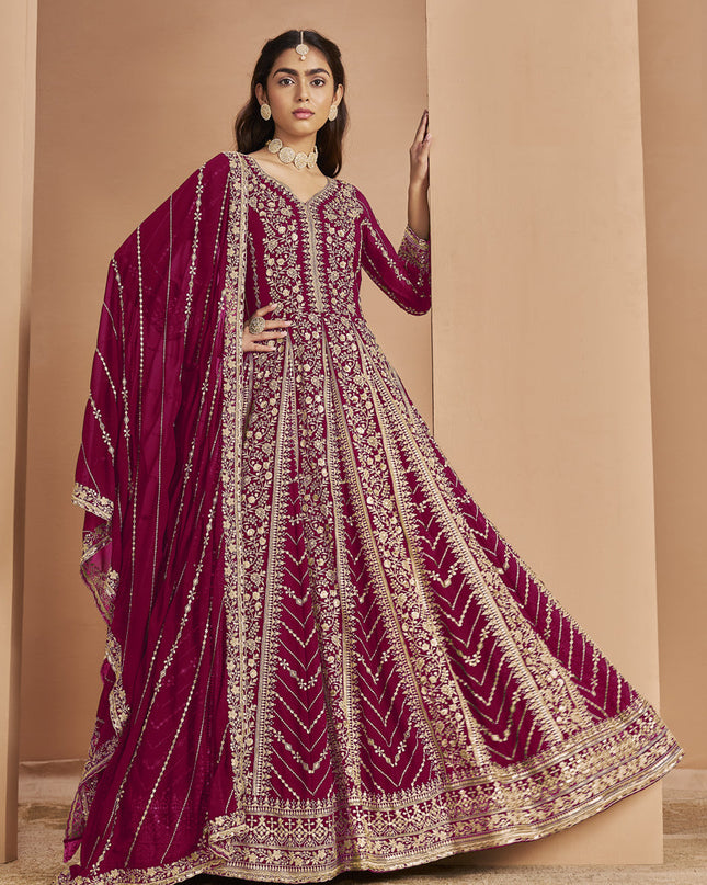 raspberry faux georgette heavy embroidered anarkali suit
