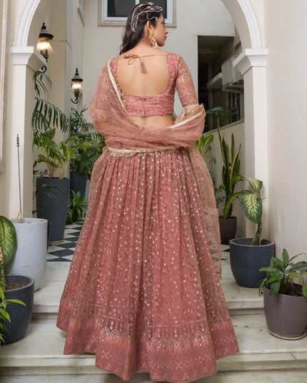 Rust Net Embroidered Wedding Lehenga Choli