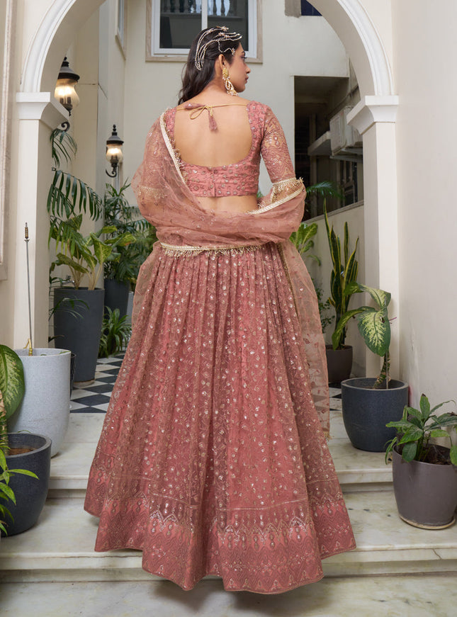 Rust Net Embroidered Wedding Lehenga Choli