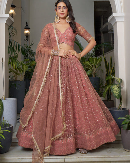 Rust Net Embroidered Wedding Lehenga Choli