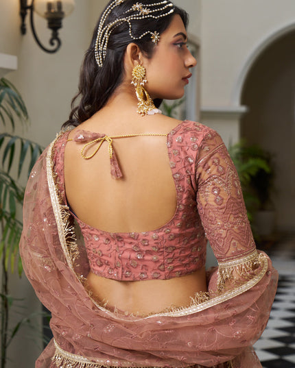 Rust Net Embroidered Wedding Lehenga Choli