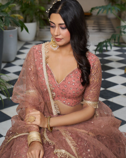 Rust Net Embroidered Wedding Lehenga Choli