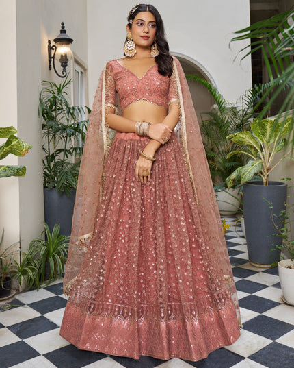 Rust Net Embroidered Wedding Lehenga Choli
