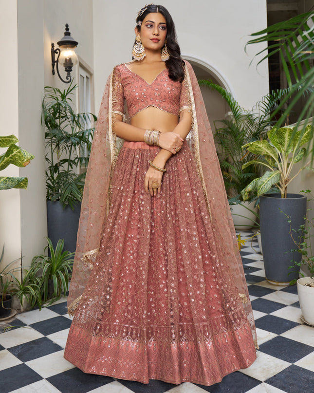 Rust Net Embroidered Wedding Lehenga Choli