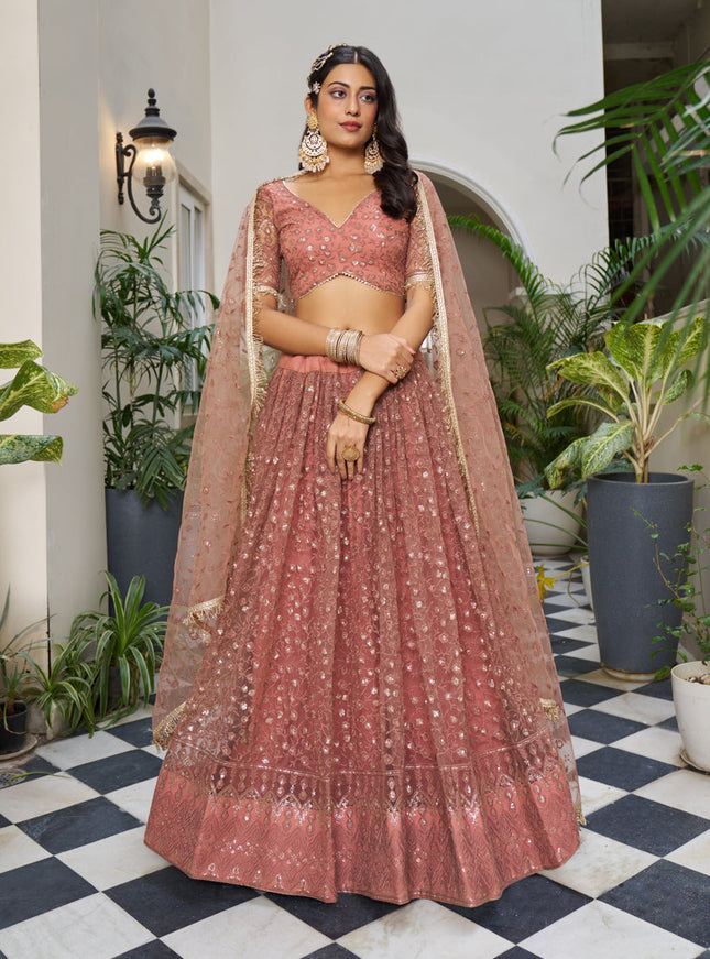 Rust Net Embroidered Wedding Lehenga Choli