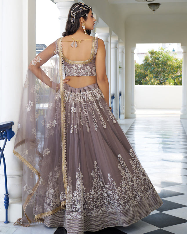 Light Dusty Brown Net Embroidered Wedding Lehenga Choli