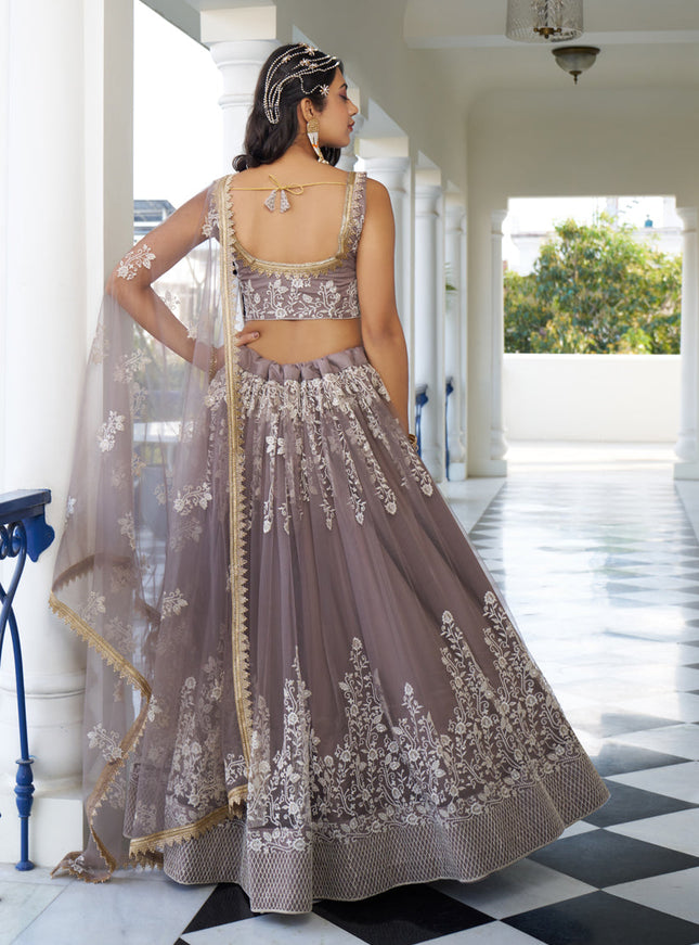 Light Dusty Brown Net Embroidered Wedding Lehenga Choli