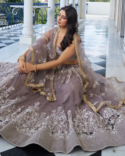 Light Dusty Brown Net Embroidered Wedding Lehenga Choli