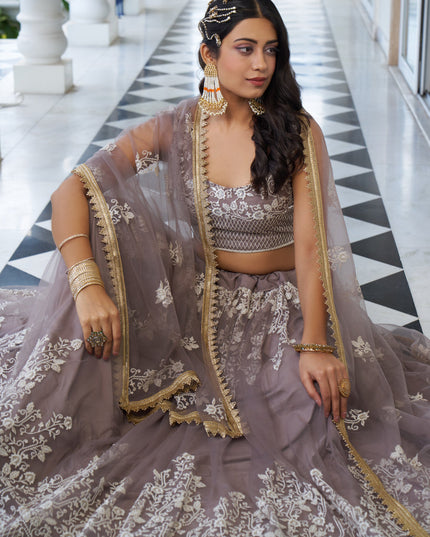 Light Dusty Brown Net Embroidered Wedding Lehenga Choli