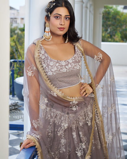 Light Dusty Brown Net Embroidered Wedding Lehenga Choli