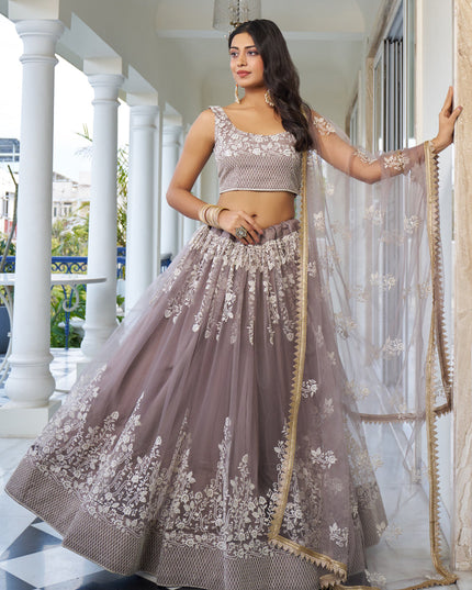 Light Dusty Brown Net Embroidered Wedding Lehenga Choli