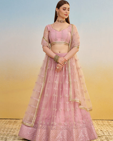 Delightful Rose Pink Net Designer Embroidered Lehenga Choli Set