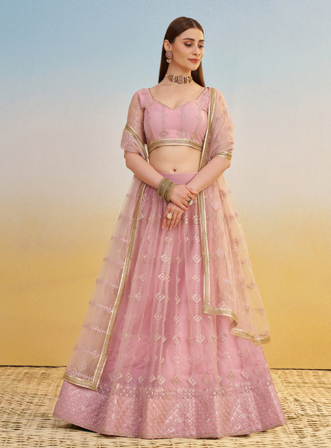 Delightful Rose Pink Net Designer Embroidered Lehenga Choli Set