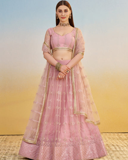 Delightful Rose Pink Net Designer Embroidered Lehenga Choli Set