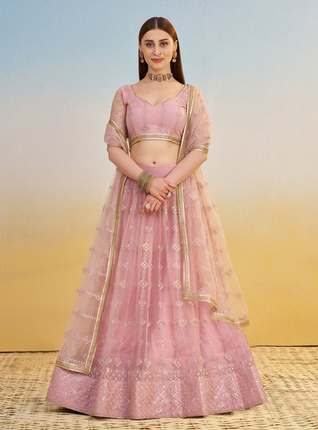 Delightful Rose Pink Net Designer Embroidered Lehenga Choli Set