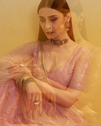 Delightful Rose Pink Net Designer Embroidered Lehenga Choli Set