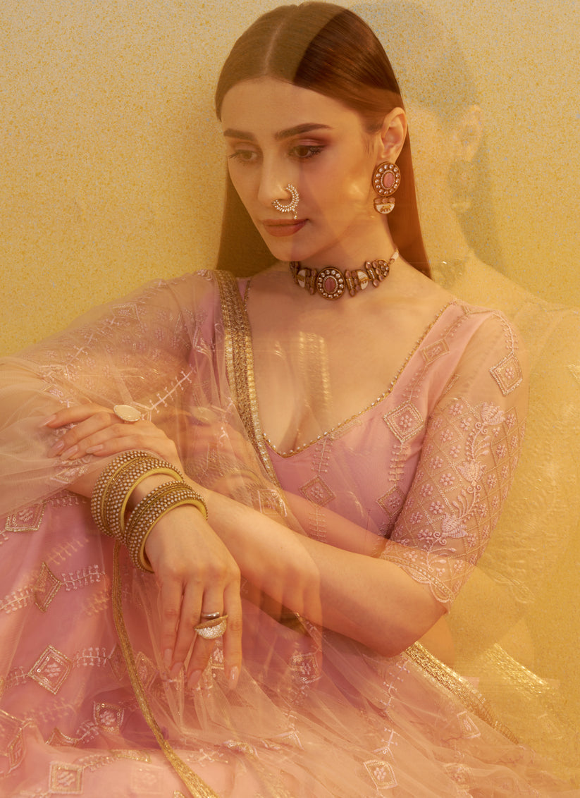 Delightful Rose Pink Net Designer Embroidered Lehenga Choli Set