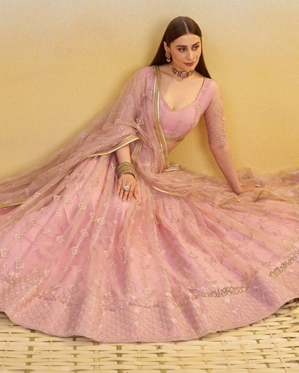 Delightful Rose Pink Net Designer Embroidered Lehenga Choli Set