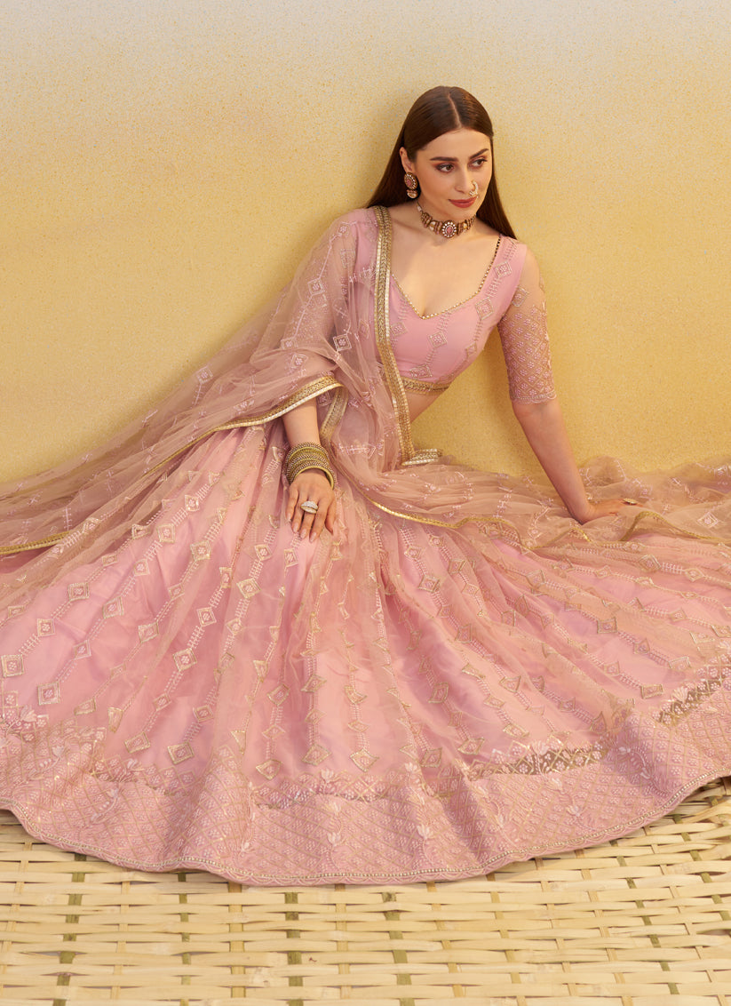 Delightful Rose Pink Net Designer Embroidered Lehenga Choli Set