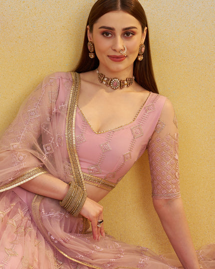 Delightful Rose Pink Net Designer Embroidered Lehenga Choli Set