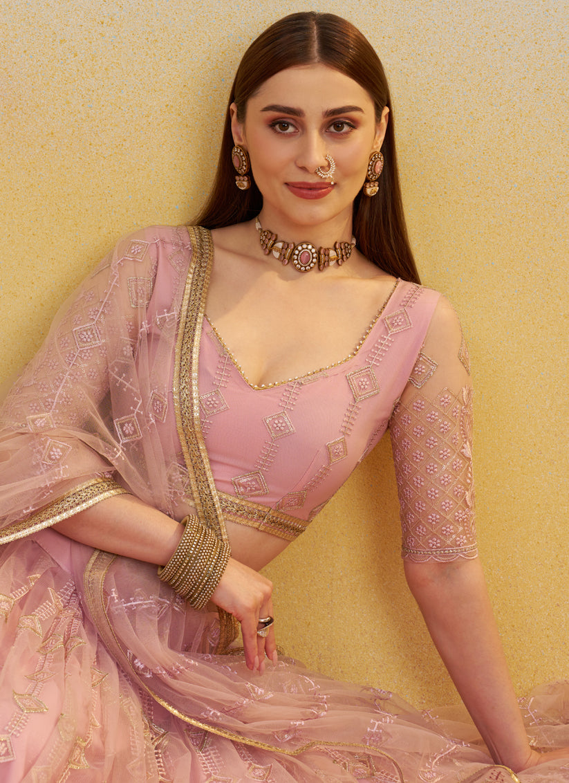 Delightful Rose Pink Net Designer Embroidered Lehenga Choli Set