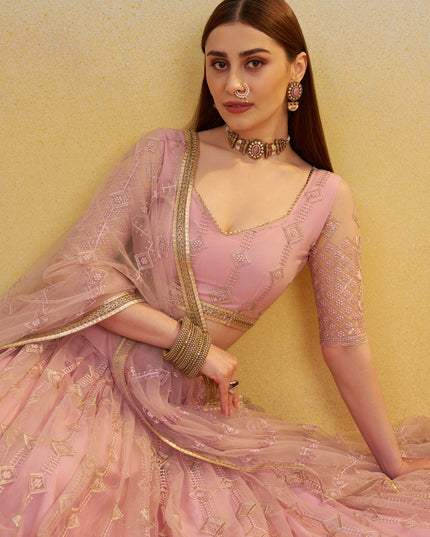 Delightful Rose Pink Net Designer Embroidered Lehenga Choli Set