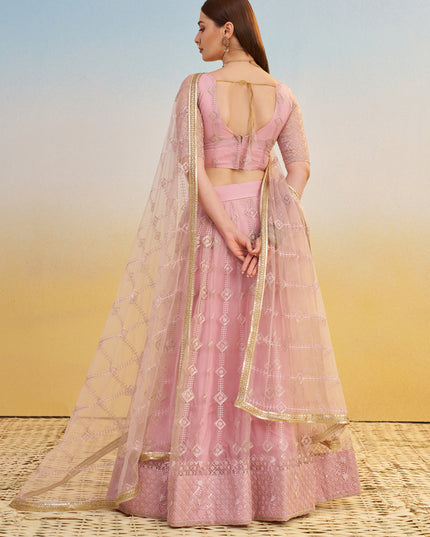 Delightful Rose Pink Net Designer Embroidered Lehenga Choli Set