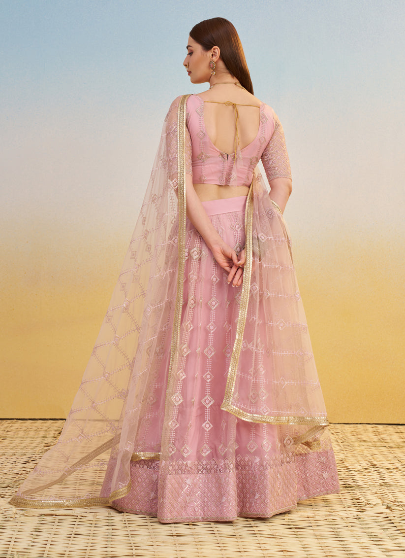Delightful Rose Pink Net Designer Embroidered Lehenga Choli Set