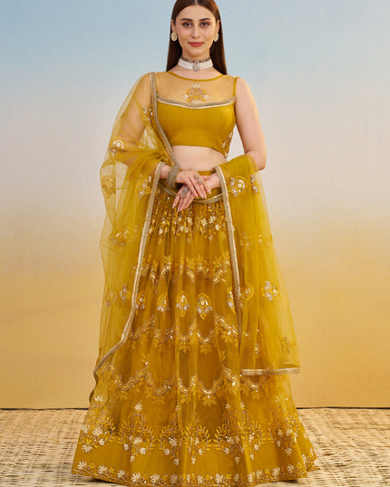 Dazzling Mustard Net Designer Embroidered Lehenga Choli Set