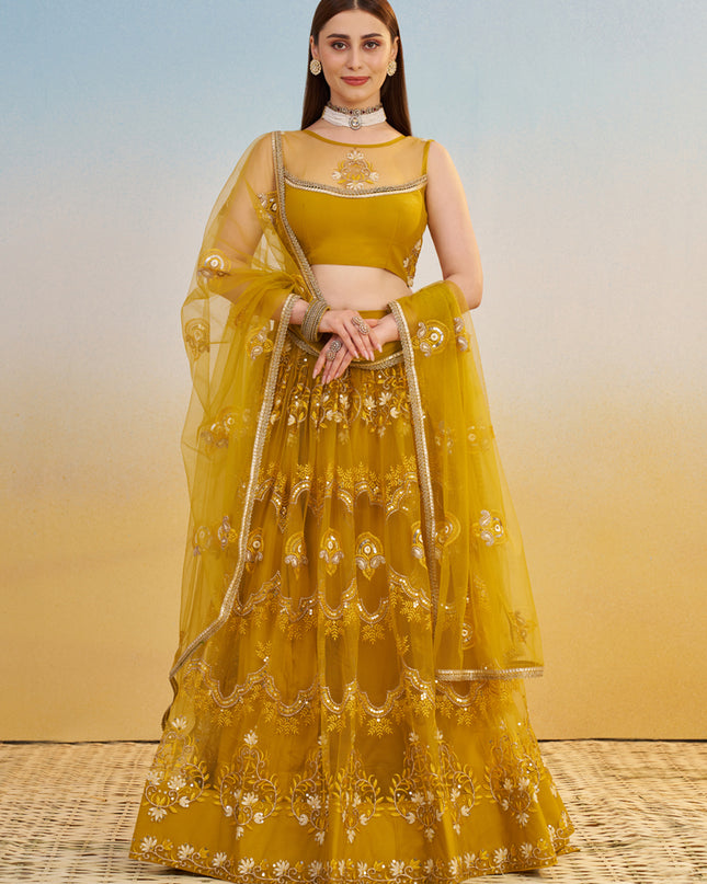 Dazzling Mustard Net Designer Embroidered Lehenga Choli Set