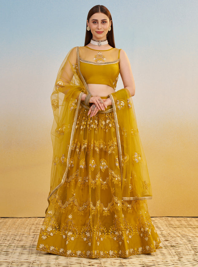 Dazzling Mustard Net Designer Embroidered Lehenga Choli Set