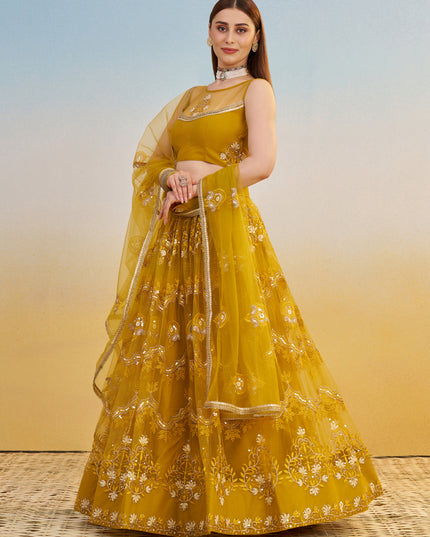Dazzling Mustard Net Designer Embroidered Lehenga Choli Set