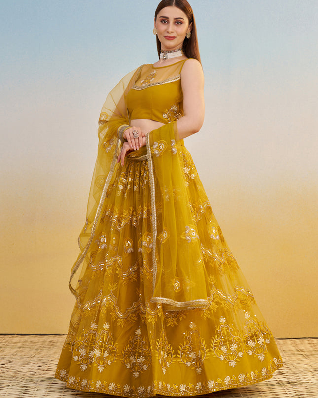 Dazzling Mustard Net Designer Embroidered Lehenga Choli Set