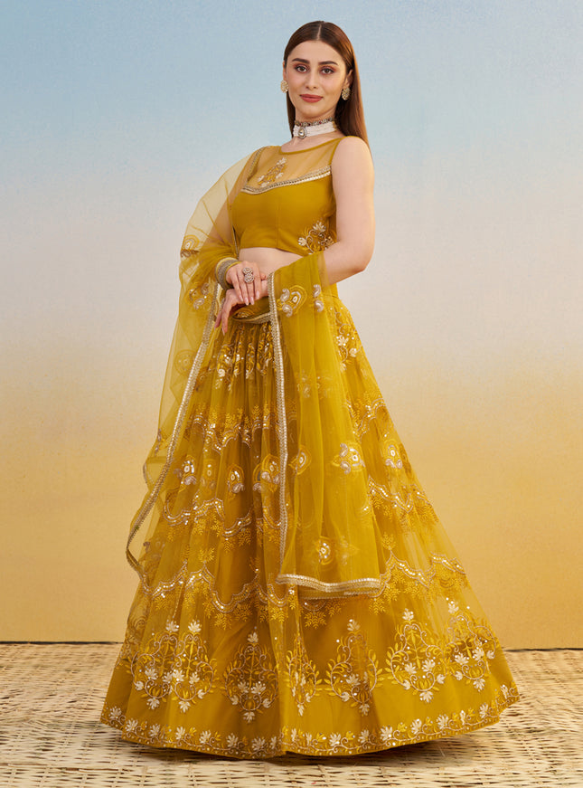 Dazzling Mustard Net Designer Embroidered Lehenga Choli Set