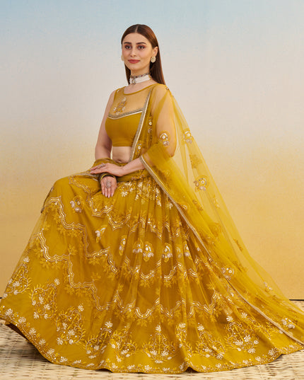 Dazzling Mustard Net Designer Embroidered Lehenga Choli Set