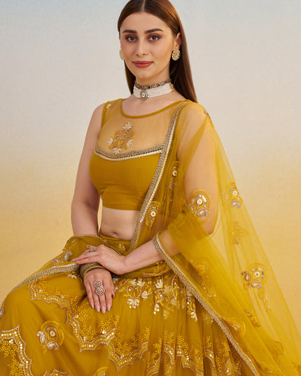 Dazzling Mustard Net Designer Embroidered Lehenga Choli Set