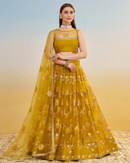 Dazzling Mustard Net Designer Embroidered Lehenga Choli Set