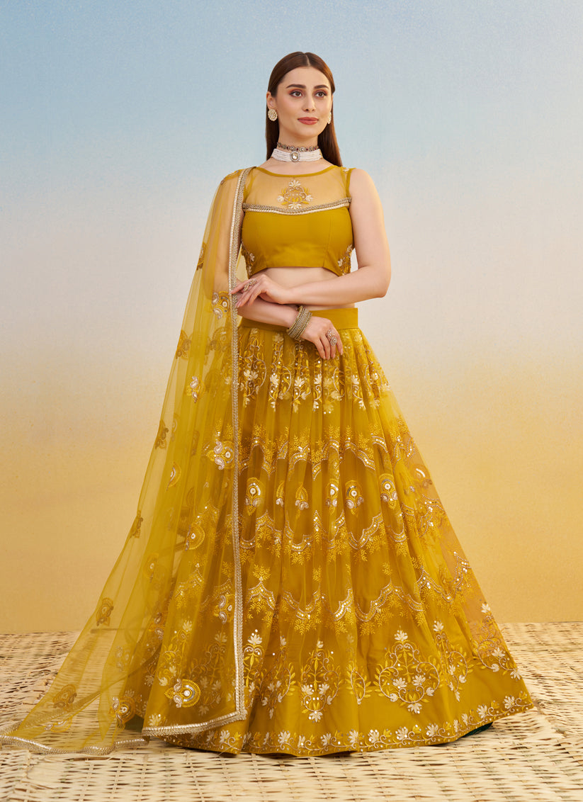 Dazzling Mustard Net Designer Embroidered Lehenga Choli Set