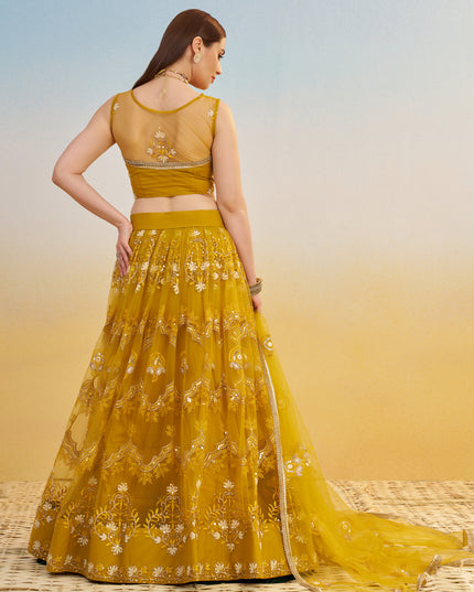 Dazzling Mustard Net Designer Embroidered Lehenga Choli Set