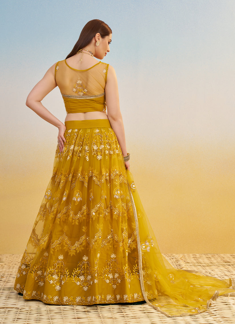 Dazzling Mustard Net Designer Embroidered Lehenga Choli Set
