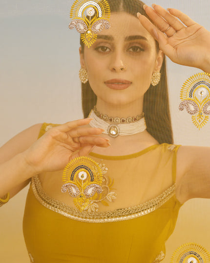 Dazzling Mustard Net Designer Embroidered Lehenga Choli Set