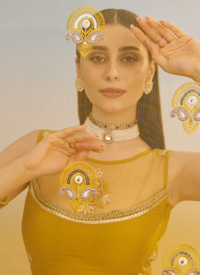 Dazzling Mustard Net Designer Embroidered Lehenga Choli Set