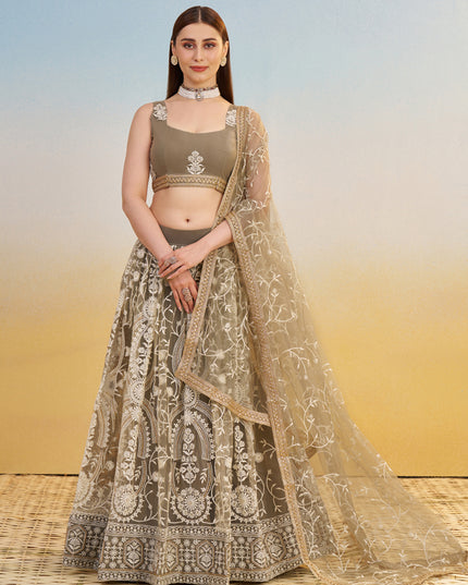 Charismatic Dusty Grey Net Designer Embroidered Lehenga Choli Set