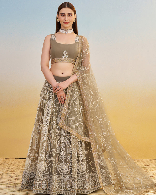 Charismatic Dusty Grey Net Designer Embroidered Lehenga Choli Set