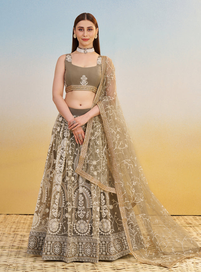 Charismatic Dusty Grey Net Designer Embroidered Lehenga Choli Set