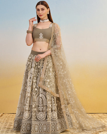 Charismatic Dusty Grey Net Designer Embroidered Lehenga Choli Set
