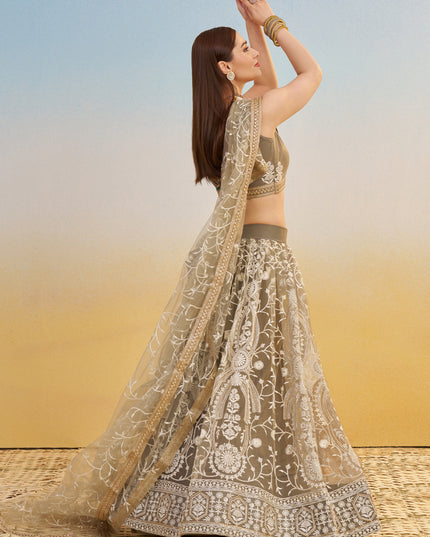 Charismatic Dusty Grey Net Designer Embroidered Lehenga Choli Set